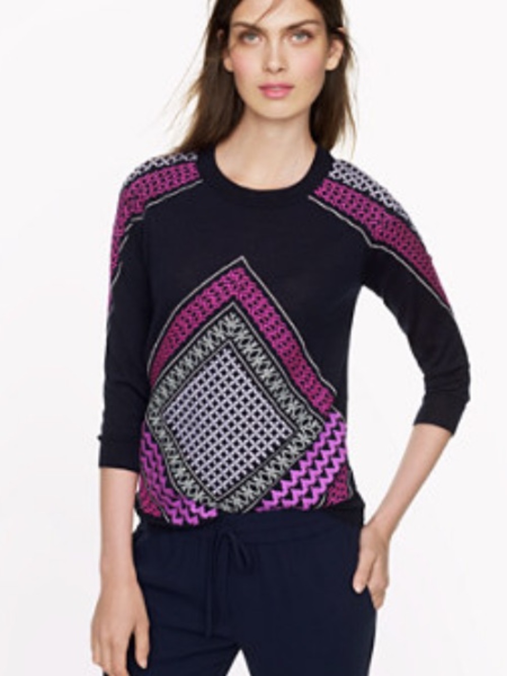 J. Crew Tippi 100% Merino Embroidered Tile Sweater 3/4 Sleeves Size XSmall